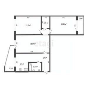 3-к квартира, вторичка, 64м2, 9/9 этаж