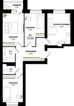 3-к квартира, строящийся дом, 71м2, 6/9 этаж